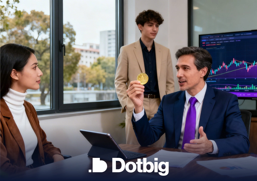 DotBig professionals discussing financial strategy and holding a bitcoin during a meeting